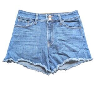 Just Black Women Shorts Blue Double Button Raw Fringe Hem Mid Rise Size 28